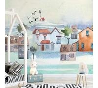 XLMING Dessiné À La Main Cartoon Maison Paysage Enneigé Arbre Oiseaux En Vol 3D Papier Peint Premium Texturé Soie Bureau Salle à Manger Salon Chambre Coucher Canapé TV Mur-350cm×256cm