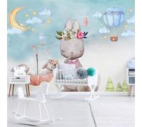 XLMING Dessiné À La Main Cartoon Rabbit Hot Air Balloon Moon White Clouds 3D Papier Peint Premium Texturé Soie Bureau Salle à Manger Salon Chambre Coucher Canapé TV Mur-400cm×280cm