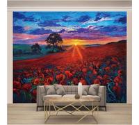 XLMING Dessiné À La Main Ciel Coucher De Soleil Arbres Fleurs 3D Papier Peint Premium Texturé Soie Bureau Salle à Manger Salon Chambre Coucher Canapé TV Mur-200cm×140cm