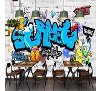 XLMING Dessiné À La Main Couleurs Art Graffiti Blanc Mur De Briques 3D Papier Peint Premium Texturé Soie Bureau Salle à Manger Salon Chambre Coucher Canapé TV Mur-430cm×300cm