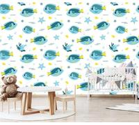 XLMING Dessiné À La Main Dessin Animé Ligne Colorée Poisson Étoile De Mer 3D Papier Peint Texture Soyeuse Intissé Salle à Manger Bureau D'étude Canapé Chambre Salon TV Mur-350cm×256cm