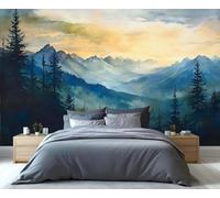 XLMING Dessiné À La Main Esthétique Coucher De Soleil Sommets Montagneux Forêt 3D Papier Peint Luxe Décoration Manger Adulte Intérieure Salon Canapé Chambre Fond TV Mur-150cm×105cm