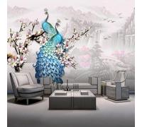 XLMING Dessiné À La Main Montagnes Oiseaux En Vol Fleurs Paons 3D Papier Peint Premium Texturé Soie Bureau Salle à Manger Salon Chambre Coucher Canapé TV Mur-200cm×140cm