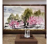 XLMING Dessiné À La Main Montagnes Saules Fleurs Roses Maisons 3D Papier Peint Premium Texturé Soie Bureau Salle à Manger Salon Chambre Coucher Canapé TV Mur-430cm×300cm