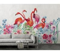 XLMING Dessiné À La Main Multicolore Plantes Fleurs Flamant Rose Papier Peint 3D Soie De Luxe Intissé Bureau Salle à Manger Canapé Chambre Salon TV Mural Décoratif-430cm×300cm