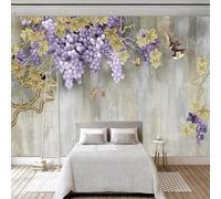 XLMING Dessiné À La Main Raisins Violets Vintage Oiseaux En Vol Papillons 3D Papier Peint Texture Soyeuse Intissé Salle à Manger Bureau D'étude Canapé Chambre Salon TV Mur-350cm×256cm