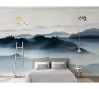 XLMING Dessiné À La Main Sommets Montagneux Forêt Oiseaux En Vol Lever Du Soleil Papier Peint 3D Soie De Luxe Intissé Bureau Salle à Manger Canapé Chambre Salon TV Mural Décoratif-400cm×280cm