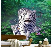 XLMING Dessiné À La Main Vert Jungle Tigre Blanc Animal 3D Papier Peint Premium Texturé Soie Bureau Salle à Manger Salon Chambre Coucher Canapé TV Mur-430cm×300cm