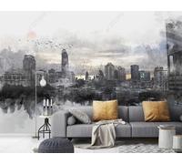 XLMING Dessiné À La Main Ville Architecture Noir Et Blanc Lever Du Soleil Papier Peint 3D Soie De Luxe Intissé Bureau Salle à Manger Canapé Chambre Salon TV Mural Décoratif-200cm×140cm