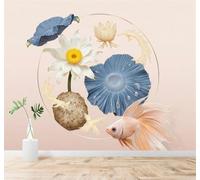 XLMING Élégance Créativité Lotus Blanc Feuilles De Nénuphar Bleues Petits Poissons 3D Papier Peint Texture Soyeuse Intissé Salle à Manger Bureau Canapé Chambre Salon TV Mur-250cm×170cm