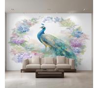 XLMING Élégant Paon Bleu Et Fleurs Roses 3D Papier Peint Premium Texturé Soie Bureau Salle à Manger Salon Chambre Coucher Canapé TV Mur-300cm×210cm