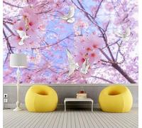 XLMING Élégantes Fleurs Roses En Trois Dimensions Oiseaux En Vol 3D Papier Peint Texture Soyeuse Intissé Salle à Manger Bureau D'étude Canapé Chambre Salon TV Mur-430cm×300cm