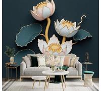 XLMING En Relief Élégant Fleur De Lotus Détails Dorés Feuilles Vertes 3D Papier Peint Premium Texturé Soie Bureau Salle à Manger Salon Chambre Coucher Canapé TV Mur-400cm×280cm