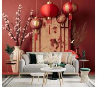 XLMING En Relief Magnifique Fleurs De Cerisier Lanternes Rouges Vase 3D Papier Peint Premium Texturé Soie Bureau Salle à Manger Salon Chambre Coucher Canapé TV Mur-400cm×280cm