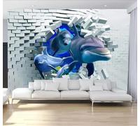 XLMING En Trois Dimensions Briques Blanches Mur En Ruine Fonds Marins Animaux Dauphins 3D Papier Peint Texture Soyeuse Intissé Salle à Manger Bureau D'étude Canapé Chambre Salon TV Mur-300cm×210cm