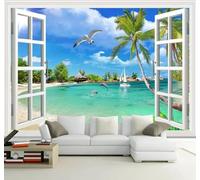 XLMING En Trois Dimensions Fenêtre Mer Plage Paysage 3D Papier Peint Texture Soyeuse Intissé Salle à Manger Bureau Canapé Chambre Salon TV Mur-430cm×300cm