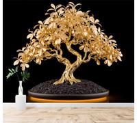 XLMING En Trois Dimensions Minimaliste Bonsaï Doré Feuilles Brillantes Branches Élégantes 3D Papier Peint Premium Texturé Soie Bureau Salle à Manger Salon Chambre Coucher Canapé TV Mur-150cm×105cm