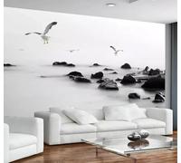 XLMING En Trois Dimensions Noir Et Blanc Mer Oiseaux En Vol Rochers 3D Papier Peint Texture Soyeuse Intissé Salle à Manger Bureau Canapé Chambre Salon TV Mur-300cm×210cm