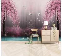 XLMING En Trois Dimensions Rêve Rose Fleur De Pêcher Le Lac Des Cygnes Paysage 3D Papier Peint Texture Soyeuse Intissé Salle à Manger Bureau D'étude Canapé Chambre Salon TV Mur-150cm×105cm