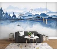 XLMING Encre De Chine Bleu Paysage Arbres Oiseaux En Vol Papier Peint 3D Soie Texturée Haut De Gamme Salon Canapé Chambre À Coucher Salle Manger Murale-430cm×300cm