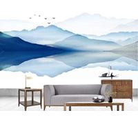 XLMING Encre De Chine Bleu Paysage Petit Bateau Oiseaux En Vol Papier Peint 3D Soie Texturée Haut De Gamme Salon Canapé Chambre À Coucher Salle Manger Murale-430cm×300cm