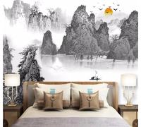 XLMING Encre De Chine Noir Et Blanc Paysage Lever Du Soleil Oiseaux En Vol 3D Papier Peint Premium Texturé Soie Bureau Salle à Manger Salon Chambre Coucher Canapé TV Mur-250cm×170cm