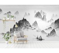 XLMING Encre De Chine Noir Et Blanc Sommets Montagneux Oiseaux En Vol Petit Bateau Papier Peint 3D Soie Texturée Haut De Gamme Salon Canapé Chambre À Coucher Salle Manger Murale-350cm×256cm