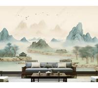 XLMING Encre De Chine Paysage Oiseaux En Vol Architecture Décor Papier Peint 3D Soie De Luxe Intissé Bureau Salle à Manger Canapé Chambre Salon TV Mural Décoratif-300cm×210cm