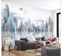 XLMING Encre De Chine Paysages Lever De Soleil Oiseaux En Vol Paysages Papier Peint 3D Soie De Luxe Intissé Bureau Salle à Manger Canapé Chambre Salon TV Mural Décoratif-350cm×256cm