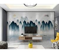 XLMING Encre De Chine Paysages Oiseaux En Vol Lever Du Soleil Petit Bateau Papier Peint 3D Soie De Luxe Intissé Bureau Salle à Manger Canapé Chambre Salon TV Mural Décoratif-200cm×140cm