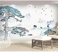 XLMING Encre Et Lavis Welcome Pine Elk High Mountain Boat Papier Peint 3D Soie De Luxe Intissé Bureau Salle à Manger Canapé Chambre Salon TV Mural Décoratif-150cm×105cm