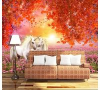 XLMING Esthétique Rouge Feuilles D'Érable Cheval Blanc Coucher De Soleil 3D Papier Peint Luxe Décoration Manger Adulte Intérieure Salon Canapé Chambre Fond TV Mur-250cm×170cm