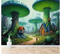 XLMING Fantastique Forêt Gros Champignons Verts Maison Sentier Brumeux 3D Papier Peint Premium Texturé Soie Bureau Salle à Manger Salon Chambre Coucher Canapé TV Mur-300cm×210cm