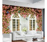 XLMING Fenêtre D'Architecture Papillon Fleur Rose 3D Papier Peint Premium Texturé Soie Bureau Salle à Manger Salon Chambre Coucher Canapé TV Mur-250cm×170cm