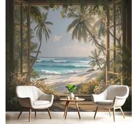 XLMING Fenêtre En Trois Dimensions Cocotier Mer Ciel 3D Papier Peint Premium Texturé Soie Bureau Salle à Manger Salon Chambre Coucher Canapé TV Mur-150cm×105cm