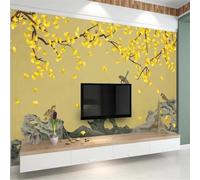 XLMING Feuilles De Ginkgo Dorées Dessinées À La Main Petits Oiseaux Art 3D Papier Peint Luxe Décoration Manger Adulte Intérieure Salon Canapé Chambre Fond TV Mur-430cm×300cm