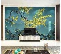XLMING Feuilles De Ginkgo Jaunes Tridimensionnelles Peintes À La Main Petits Oiseaux 3D Papier Peint Premium Texturé Soie Bureau Salle à Manger Salon Chambre Coucher Canapé TV Mur-430cm×300cm