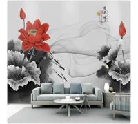 XLMING Feuilles De Lotus Peintes À La Main À L'Encre Lotus Rouge 3D Papier Peint Premium Texturé Soie Bureau Salle à Manger Salon Chambre Coucher Canapé TV Mur-250cm×170cm