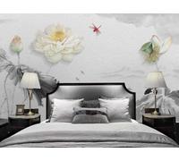 XLMING Feuilles De Lotus Rétro À L'Encre De Chine Fleurs De Lotus Et Libellules 3D Papier Peint Luxe Décoration Manger Adulte Intérieure Salon Canapé Chambre Fond TV Mur-350cm×256cm