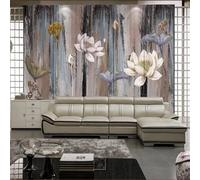 XLMING Feuilles Et Fleurs De Lotus Vintage Peintes À La Main Sur Fond Bois Rétro 3D Papier Peint Premium Texturé Soie Bureau Salle à Manger Salon Chambre Coucher Canapé TV Mur-430cm×300cm
