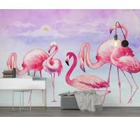 XLMING Flamant Rose Peint À La Main Éthéré Lever De Soleil Nuages Papier Peint 3D Soie De Luxe Intissé Bureau Salle à Manger Canapé Chambre Salon TV Mural Décoratif-150cm×105cm