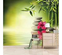 XLMING Fleurs De Bambou Vert Frais Galets Papier Peint 3D Soie Texturée Haut De Gamme Salon Canapé Chambre À Coucher Salle Manger Murale-300cm×210cm