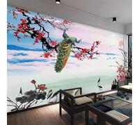 XLMING Fleurs De Prunier Colorées Peintes À La Main Paon Fleur De Lotus Oiseau En Vol 3D Papier Peint Texture Soyeuse Intissé Salle à Manger Bureau D'étude Canapé Chambre Salon TV Mur-430cm×300cm