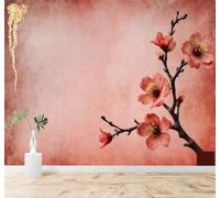 XLMING Fleurs De Prunier Rouges Branches Motifs Dorés Abstrait Dégradé De Rose 3D Papier Peint Texture Soyeuse Intissé Salle à Manger Bureau Canapé Chambre Salon TV Mur-200cm×140cm