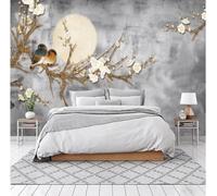 XLMING Fleurs Rétro Grises Et Petits Oiseaux 3D Papier Peint Luxe Décoration Manger Adulte Intérieure Salon Canapé Chambre Fond TV Mur-300cm×210cm