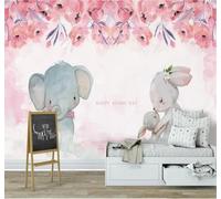 XLMING Fleurs Roses Personnages De Dessins Animés Éléphants Lapins 3D Papier Peint Luxe Décoration Manger Adulte Intérieure Salon Canapé Chambre Fond TV Mur-250cm×170cm