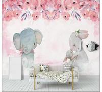 XLMING Fleurs Roses Personnages De Dessins Animés Éléphants Lapins Papier Peint 3D Soie De Luxe Intissé Bureau Salle à Manger Canapé Chambre Salon TV Mural Décoratif-250cm×170cm
