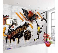 XLMING Fond D’Écran Garçons Basketball Blanc Noir Jaune Graffiti Papier Peint Chambre Salon Tv Décor Maison Papier Peint 3D Chambre à Coucher Salle de Séjour Mural Murale-350cm×256cm