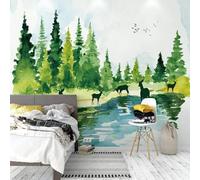 XLMING Forêt Verte Fraîche Élans Oiseaux En Vol 3D Papier Peint Texture Soyeuse Intissé Salle à Manger Bureau D'étude Canapé Chambre Salon TV Mur-300cm×210cm