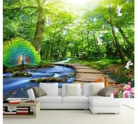 XLMING Forêt Verte Paon Rivière Pont En Bois 3D Papier Peint Premium Texturé Soie Bureau Salle à Manger Salon Chambre Coucher Canapé TV Mur-250cm×170cm